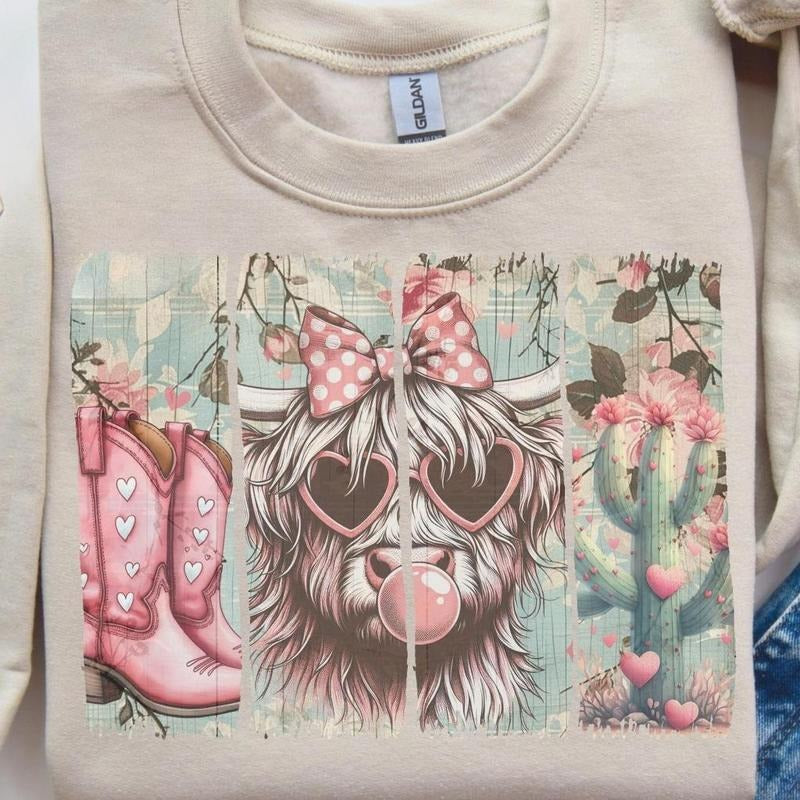 Western brush stroke valentine Sweatshirt, Valentine's Shirt, Highland Cow Valentine, Retro Cowgirl Tee