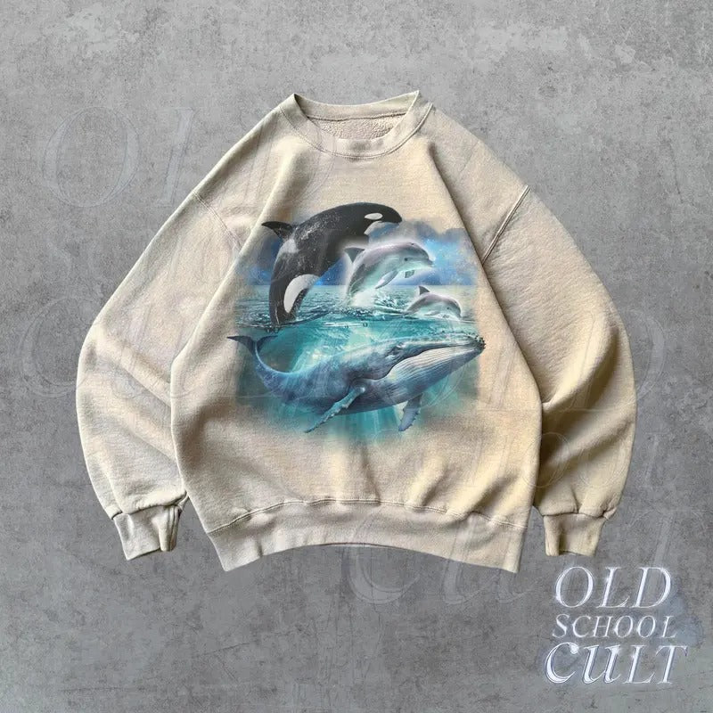 Whale Orca D.o.lp.hi.n Vintage Sweatshirt, Retro Ocean Sweater, e Sea Animals Sweater, Ocean Gifts, Cozy Warm  Sweatshirt T-shirts, Crewnecks, Hoodies – Gifts Suitable for Anyone