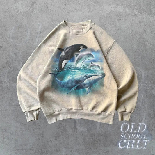 Whale Orca D.o.lp.hi.n Vintage Sweatshirt, Retro Ocean Sweater, e Sea Animals Sweater, Ocean Gifts, Cozy Warm  Sweatshirt T-shirts, Crewnecks, Hoodies – Gifts Suitable for Anyone