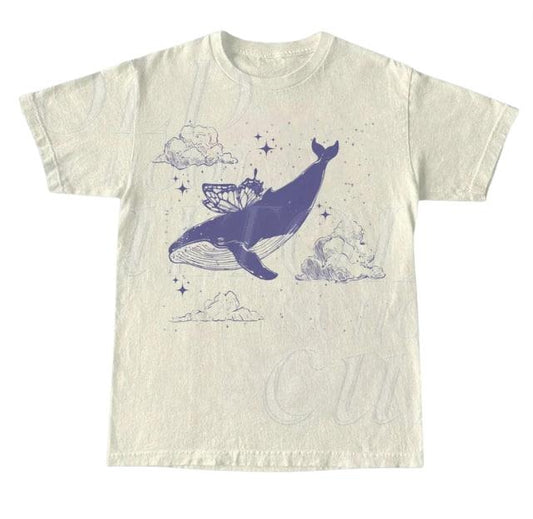 Whale With Butterfly Wings Vintage T Shirt, Retro Whale In Sky 90s Shirt, Ocean Retro Tee, Cute Y2k Gift, Butterfly Sea Animal Graphic Shirt Shortsleeve