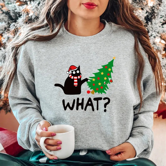 What Cat Christmas Sweatshirt, Funny Black Cat Hoodie, Cat Lover Gift Sweater, Unisex Christmas Gift Sweatshirt, Christmas Tree Long Sleeve.