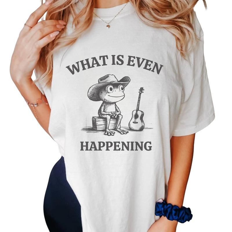 What Is Even Happening Frog Shirt, Funny Sarcastic Confused Western Cowboy With Guitar, Weirdcore Shirt For Frog Lovers Tee, Unisex T-Shirt, Gifts For Adult Teenager Women, Short Sleeve Tee Shirt, Gifts For Birthday