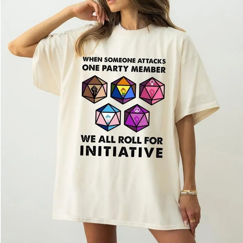 When Someone Attacks One Party Member We All Roll For Initiative T Shirt, Funny Tee Vintage Board Game DnD Shirt, Meme Gift Casual Fabric