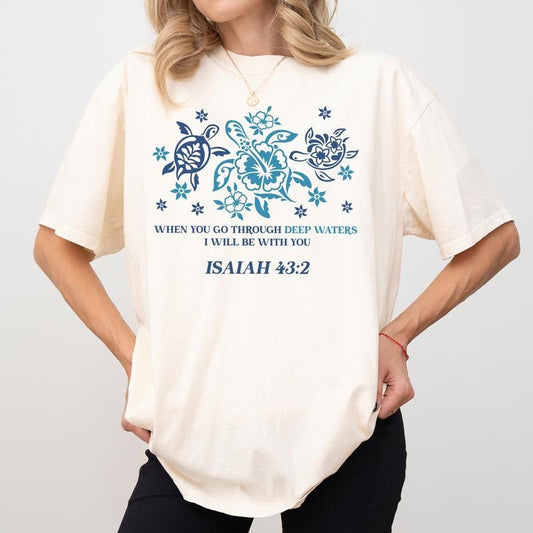 When You Go Through Deep Waters Bible Verse Comfort Colors Shirt, Faith Summer T-shirt, Floral Shells Trio Turtle Graphic Tee, Beachy Summer Clothing