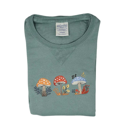 Whimsical Mushroom Embroidered Pullover Crewneck Sweatshirt - Unisex - ComfortWash