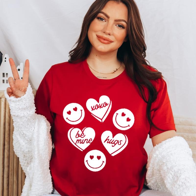 White collage smiley heart tee Be Mine Valentines T-Shirt Hearts Valentines Shirt Valentines Day Tshirt Soft Comfy Tee Valentines Day T-Shirt Be Mine Shirt Hearts Smiles Tshirt Comfortable Cute Fabric Fit