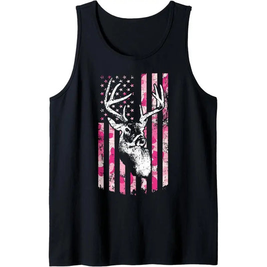 Whitetail Buck Womens Deer Hunting Pink Camo American Flag Tank Top made in USA