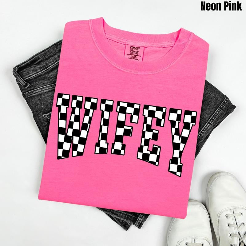Wifey Black Checkered Comfort Colors T-Shirt 'NLB'