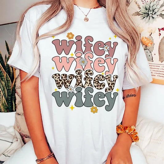 Wifey Shirt, Retro Wife T-shirt, Leopard Wifey Graphic Printed T-shirt, Vintage Groovy Comfort Shirts For Wife, Soft Fabric Shirt For Wife, Gift For Wife, Women's Tops, Womenswear, Cotton Fabric Relaxed Fit Chic Style