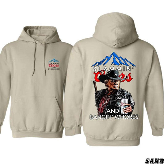 Wild West Hoodie - Funny "Slammin Coors and Bangin" Statement Design, Unisex Cotton Apparel for Comfort and Style, Perfect Everyday Wear for Fans of Western Vibes and Bold Humor