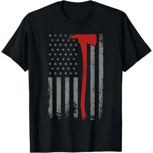 Wildland Firefighter Axe American Flag Thin Red Line Fireman T-Shirt Made in USA