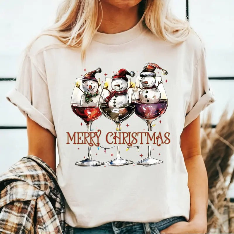 Wine Snowman Merry Christmas Shirt, C43, Cute Christmas Shirt, Graphic Shirt Retro Adult Shirt Vintage T-Shirt Cotton Tee, Trendy T-Shirt, Funny Gift