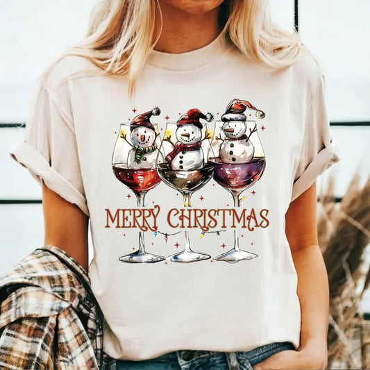 Wine Snowman Merry Christmas Shirt, C43, Cute Christmas Shirt, Graphic Shirt Retro Adult Shirt Vintage T-Shirt Cotton Tee, Trendy T-Shirt, Funny Gift