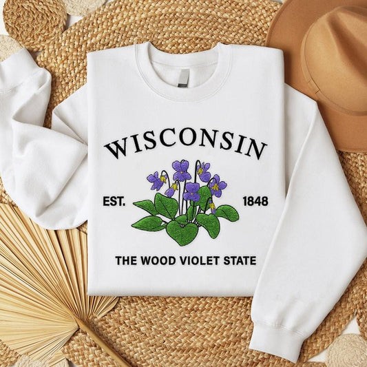 Wisconsin Wood Violet Embroidered State Flower Sweatshirt, Hometown Embroidered Shirt, Favorite Flower Embroidered Shirt