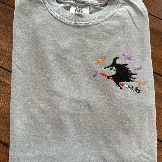 Witch On a Broom Halloween Embroidered Comfort colors Tee shirt Cute