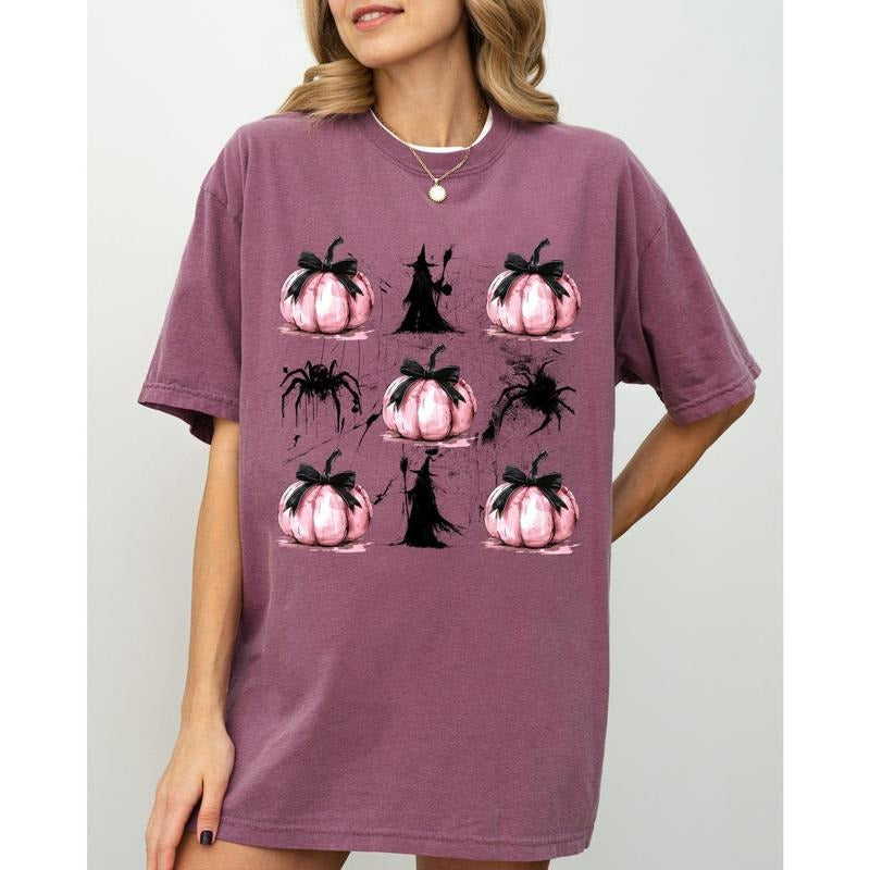 Witch, Spiders, Pumpkins, Spooky Coquette Ribbons and Bows, Halloween, Autumn, Fall Shirt, Women's Comfort Color Tee, Tshirt