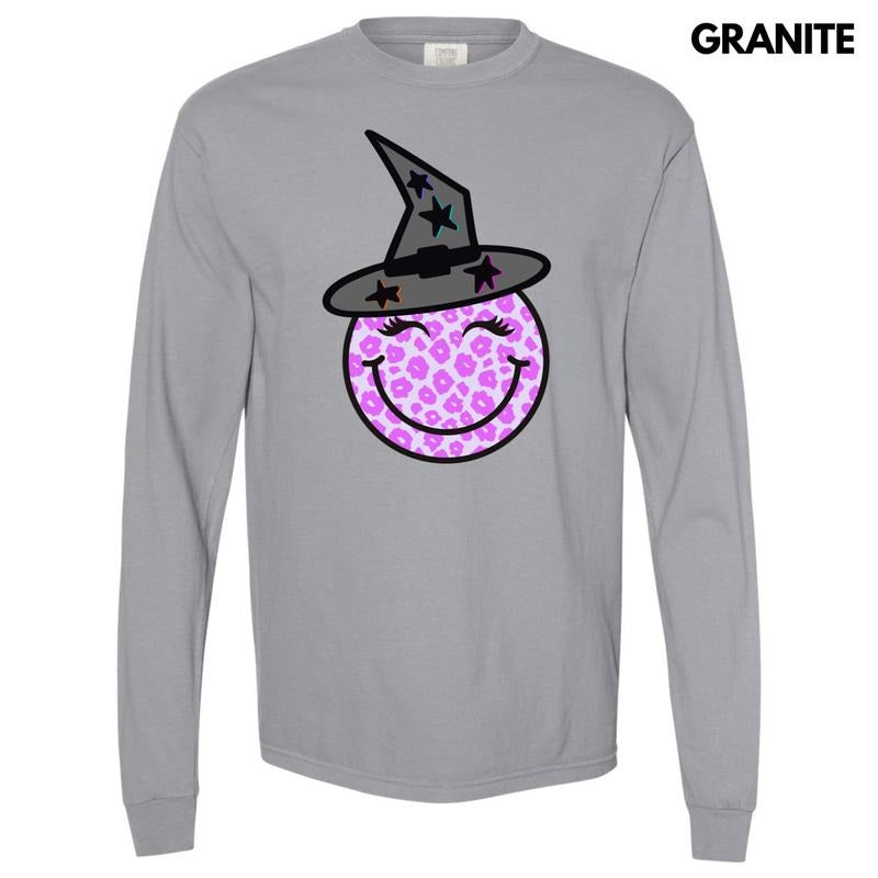Witchy Purple Leopard Happy Face Long Sleeve Comfort Colors T-Shirt 'NLB'