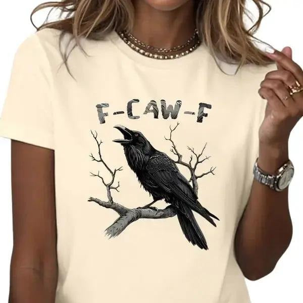 Witchy Raven T-Shirt , Bold Crow Perched on Tree with F-CAW-F Dark Humor Text , Edgy and Sarcastic Style , Unisex 1-side Printed Cotton Tee , TikTok Trend Shirt , Altwear Look Comfort Top,  Summer, Streetwear Womenswear Tshirt
