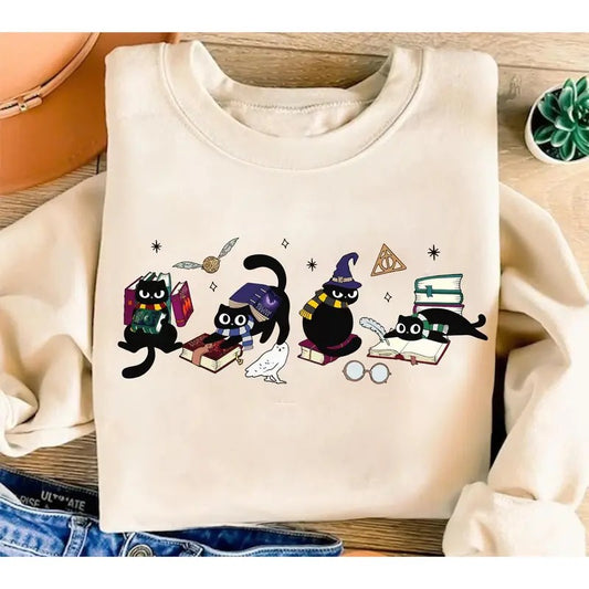 Wizard House Cat Sweatshirt, Wizard Cat Bookish Shirt, Cat Book Lover Gift, Magical Castle Shirt, Wizard School Shirt, Flourish and Blotts Shirt