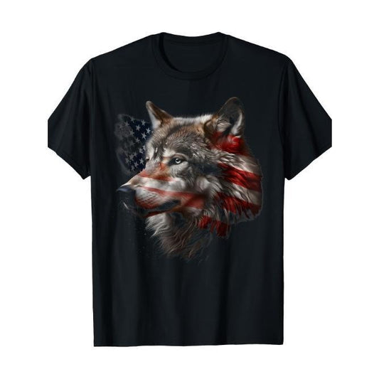 Wolf American Flag USA Patriotic Wolf Lover T-Shirt- Made in USA