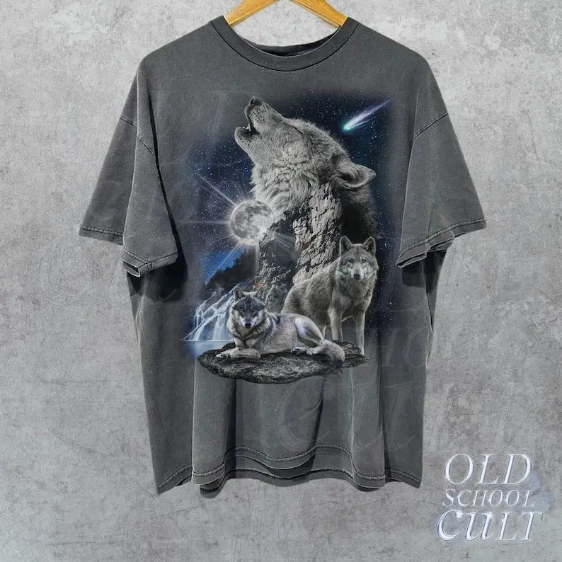 Wolf Family Vintage T-Shirt, Howling Bark at Moon, Wild Free Wolves Pack, Loyal Gray Wolf Dog Animal Shirt, Vintage Distressed Shirtsstyle{n002}2