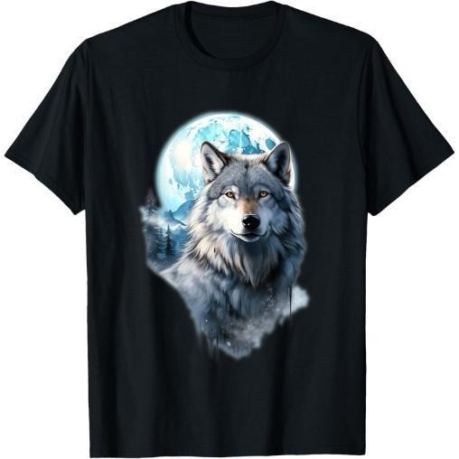 Wolf Moon Print T-shirt Cotton Casual Summer Tee, Trendy Tops Crew Neck Tee, Comfort Street Style Tee, Must-have Fashionable Tee Made in USA