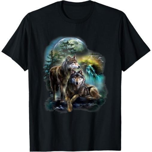 Wolf Print T-shirt Cotton Casual Summer Tee, Trendy Tops Crew Neck Tee, Comfort Street Style Tee, Must-have Fashionable Tee Made in USA