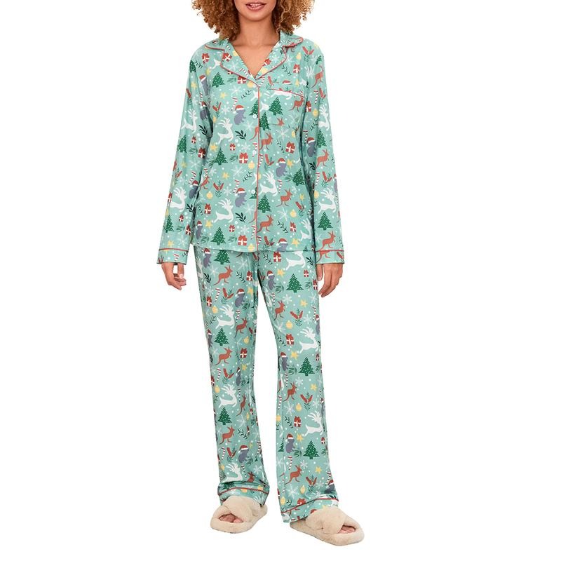 Women 2 Piece Pajamas Set Bunny Print Long Sleeves Shirt and Elastic Pants for Loungewear Soft Sleepwear