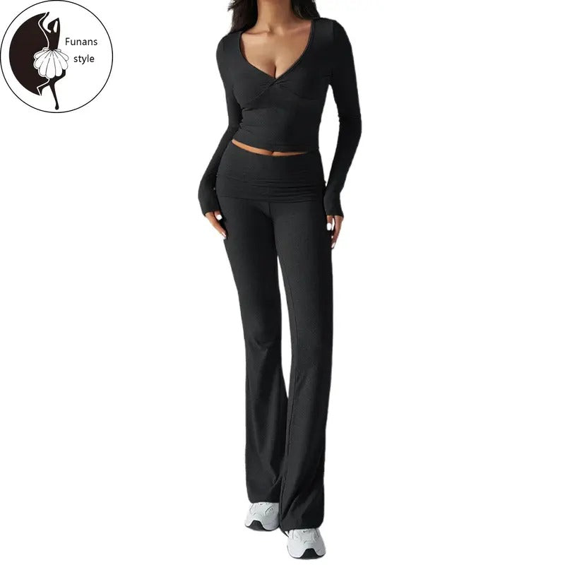 Women 2 Piece Workout Outfits Solid Color Knit V-Neck Crop Long Sleeves Tops and Elastic Flared Pants for Activewear