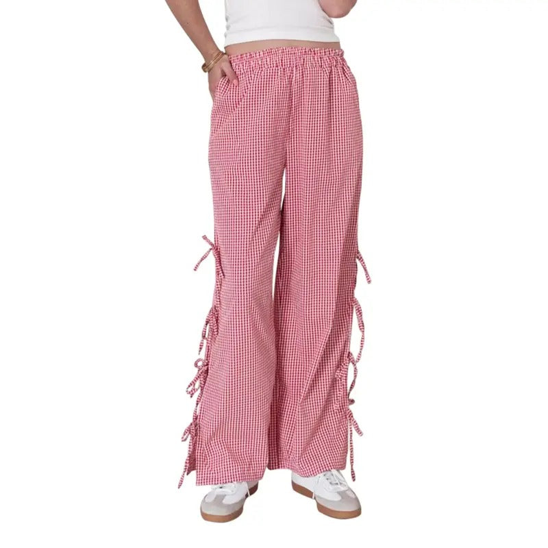 Women Casual Pants, Elastic Waist Slit Tie-up Plaid Loose Trousers Streetwear for Daily Cotton Womenswear