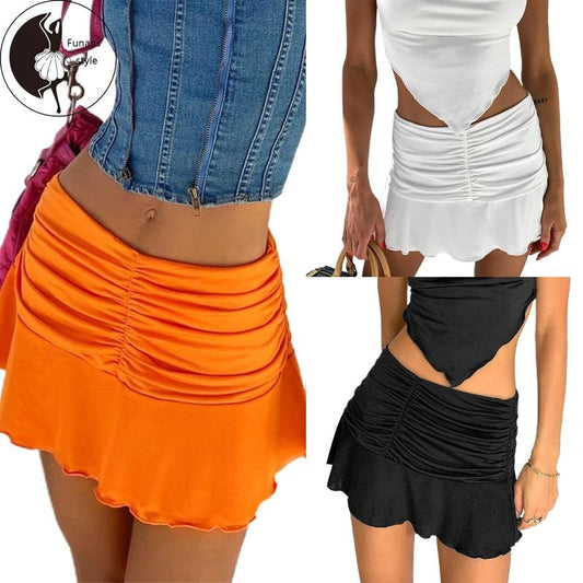 Women Casual Pleated Hem Mini Skirt Solid Color Elastic Waist Short Skirt Black White Orange Sexy Short Skirt