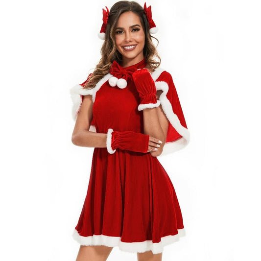 Women Christmas Costumes Cute Sweet Dress Hair Clips Cape and Gloves Set for Cosplay Role-Playing Party Outfits