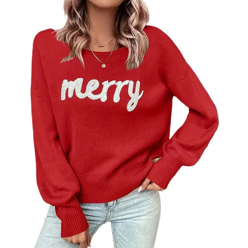 Women Christmas Cute Sweaters Casual Letter Embroidery Comfy Warm Long Sleeve Pullover Basic Knitwear for Streetwear