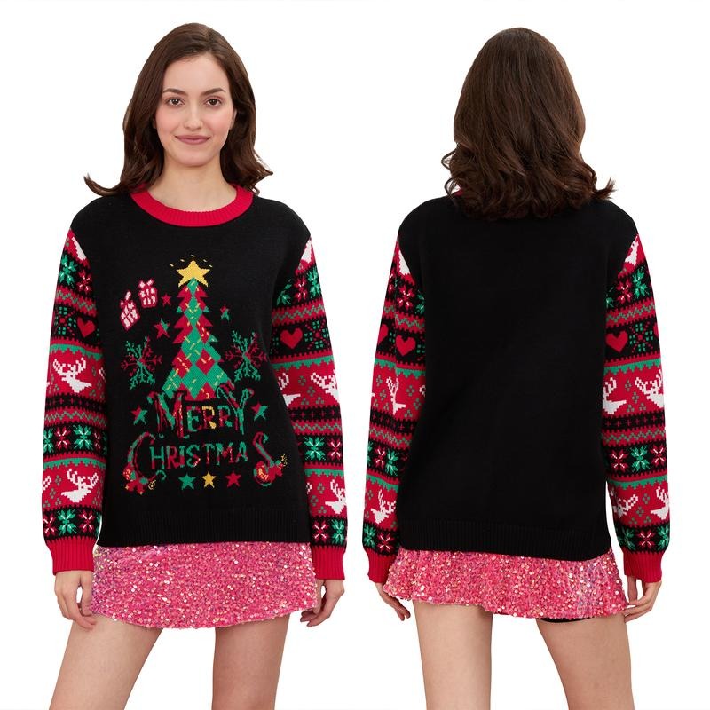 Women Christmas Sweater Long Sleeve Crew Neck Tree Letters Pullover Sweater Winter Sweater