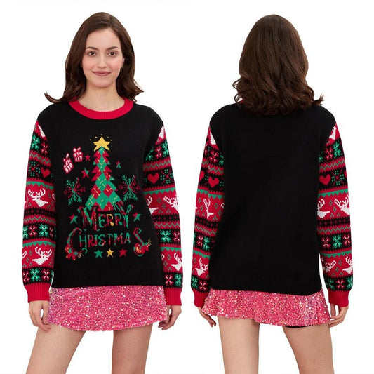 Women Christmas Sweater Long Sleeve Crew Neck Tree Letters Pullover Sweater Winter Sweater