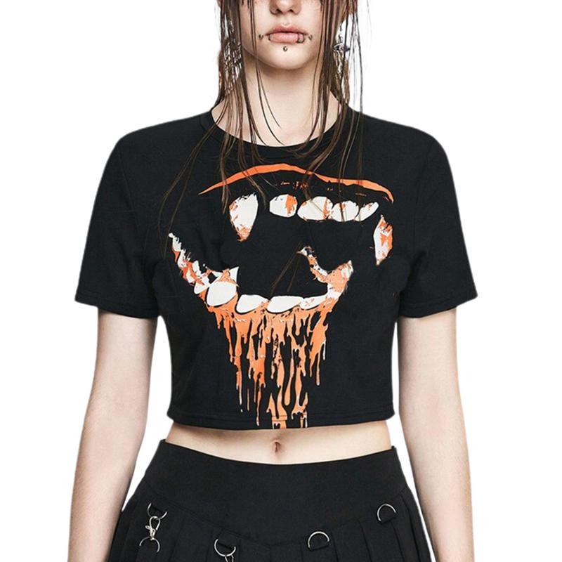 Women Crop Halloween T-Shirts Casual Summer Bloody Teeth Print Short Sleeve Tops for Streetwear Grunge Clothes Fashion Womenswear
