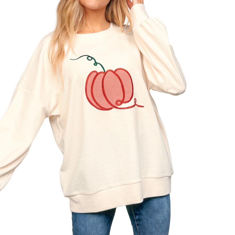 Women Cute Halloween Sweatshirts Pumpkin Embroidery Long Sleeve Pullovers Casual Fall Workout Tops Autumn Streetwear