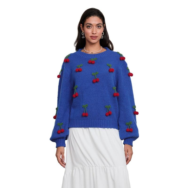 Women Cute Sweaters Casual 3D Cherry Warm Long Sleeve Pullover Basic Knitwear for Fall Streetwear Fashion Spring