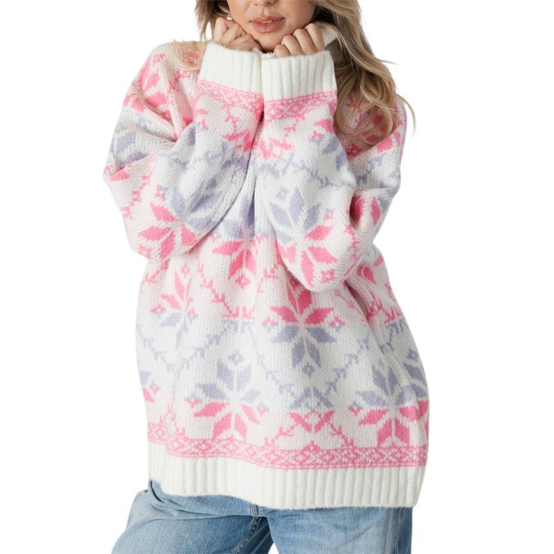 Women Cute Turtleneck Sweaters Casual Snowflake Print Comfy Warm Long Sleeve Pullover Basic Knitwear for Fall Streetwear