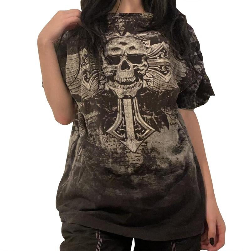 Women Fashion Gothic T-Shirts Vintage Skull Print Crew Neck Short Sleeve Loose Shirts Summer Casual Tops Streetwear Womenswear Check