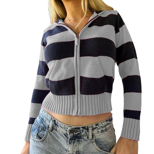 Women Fashion Stripe Cardigan Hoodies Hooded Zipper Long Sleeve Sweater PocketFit Fall Casual Soft Knit Coat