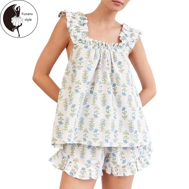 Women Floral Print Summer Set Square Neck Flutter Sleeve Loose Tank Tops Ruffled Shorts 2-Piece Outfits