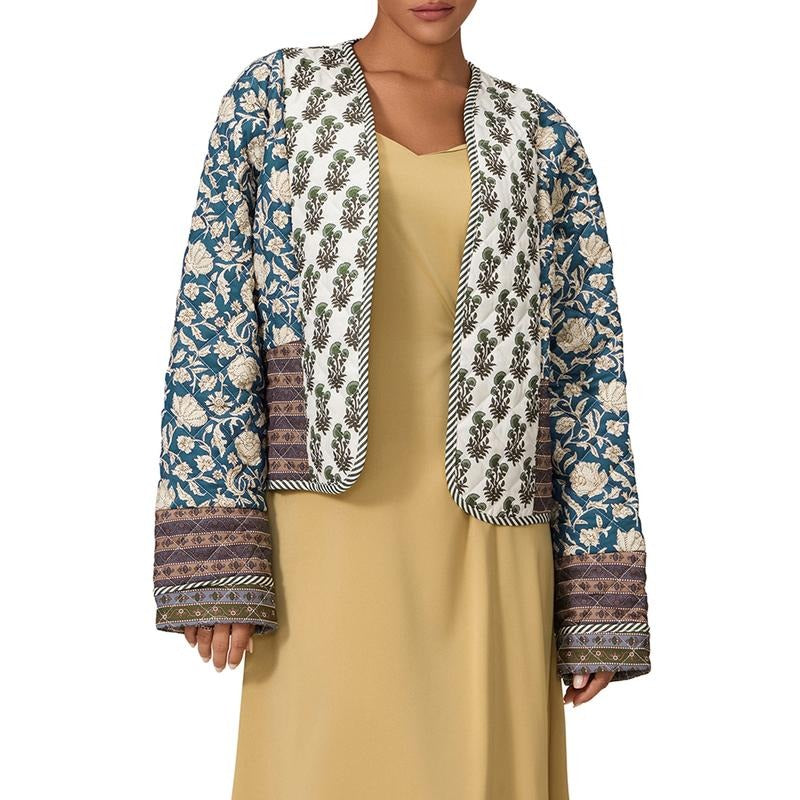 Women Floral Reversible Quilted Jacket Lightweight Double-Sided Printed Long Sleeve Winter Outwear