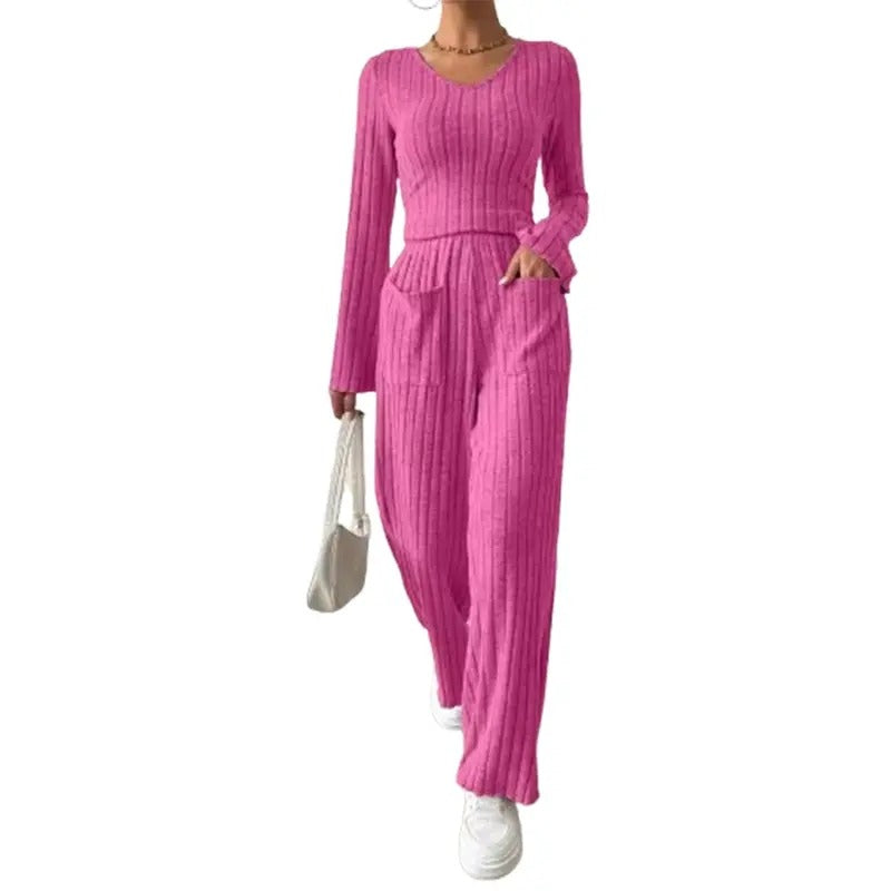 Women Knitted Casual Outfits Solid Color Ribbed V-Neck Long Sleeve Tops and Elastic Wide Leg Pants 2 Piece Set