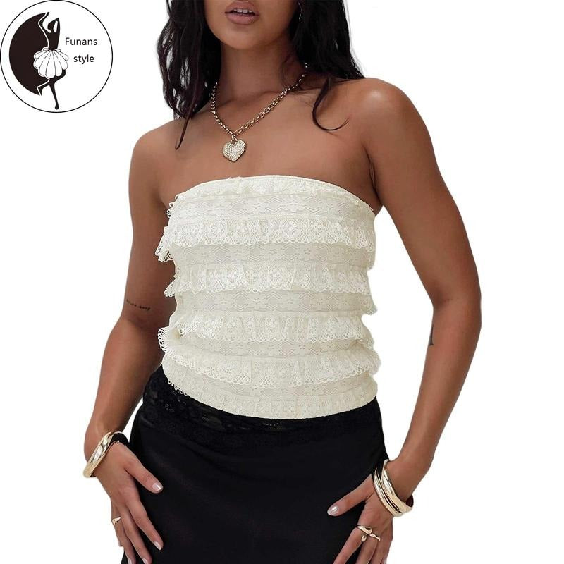 Women Lace Tube TopsFlower Off Shoulder Sleeveless Layered Ruffle Crop Shirts Summer Streetwear