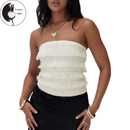 Women Lace Tube TopsFlower Off Shoulder Sleeveless Layered Ruffle Crop Shirts Summer Streetwear