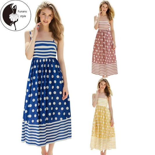 Women Long Dress Stripe Dot Print Spaghetti Strap Cami Dress Summer Fashion Sleeveless Casual Dress