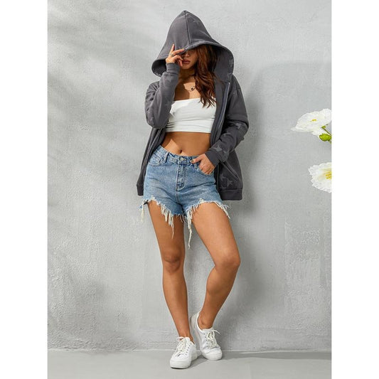 Women Long Sleeve Hoodie Jacket, Over-Size Style Star Pattern Vintage Streetwear Zipper Down Clothes Womenswear Check