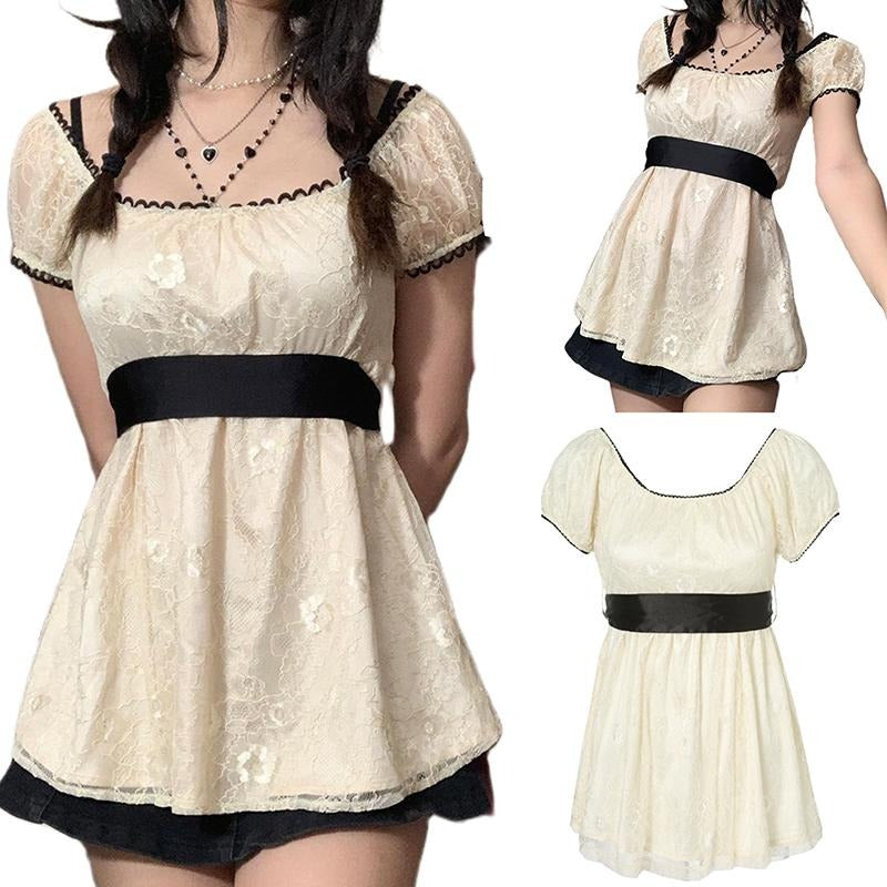 Women Long Tops, Patchwork Short Sleeve A-line Shirt Vintage Girl Lace Holiday Streetwear Light Womenswear
