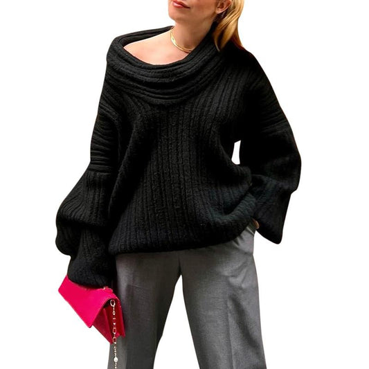 Women Loose Knit Sweater Solid Color Long Sleeve Boat Neck Off Shoulder Pullovers Fall Winter Casual Jumpers Knitwear Light